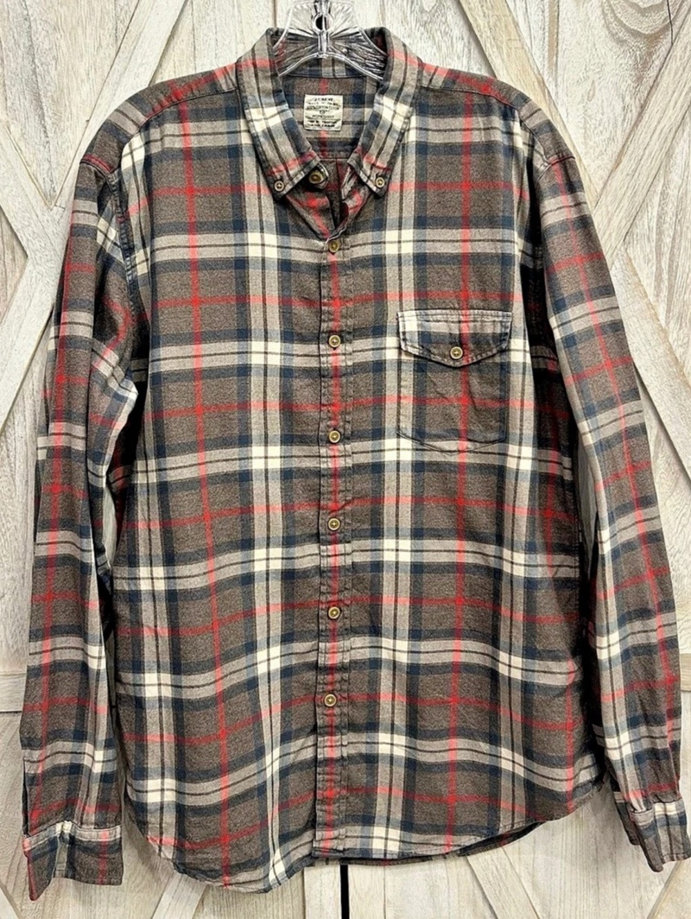 J.Crew Work Shirt Men’s Large Plaid Flannel 100% Cotton Fall 2014 Gray Red Blue
